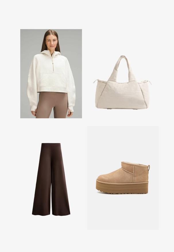 lululemon SCUBA OVERSIZED HALF-ZIP - Felpa con cappuccio - heathered bone gold; Pantaloni larghi marroni realizzati in tessuto morbido, dotati di vita alta, texture sottile e una silhouette fluida senza chiusure o decorazioni visibili.; Stivaletti alla caviglia in suede beige con un interno morbido, dotati di suola platform e di una linguetta sul retro per una facile indossabilità. Suola in gomma texturizzata.; Borsa a tote beige trapuntata con due manici, forma arrotondata, tessuto testurizzato e tasca laterale con coulisse. Finitura liscia, design minimale.