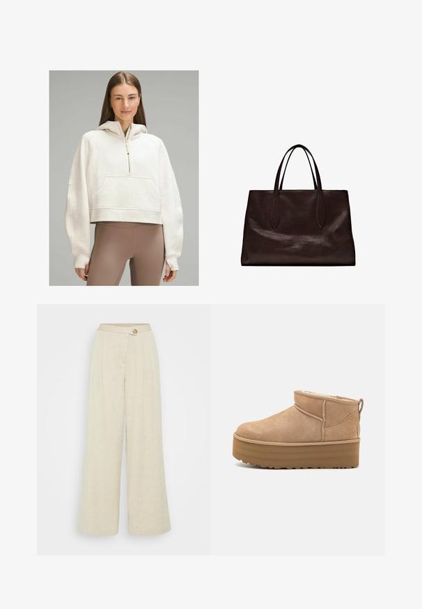 lululemon SCUBA OVERSIZED HALF-ZIP - Mikina s kapucí - heathered bone gold; Široké kalhoty vyrobené z béžového lnu, se zapínáním na knoflík vpředu, plizováním a hladkou texturou.; Béžové semišové kotníkové boty s plyšovým interiérem, které mají platformovou podrážku a poutko na zadní straně pro snadné obutí. Texturovaná gumová podrážka.; Massimo Dutti Kabelka - brown