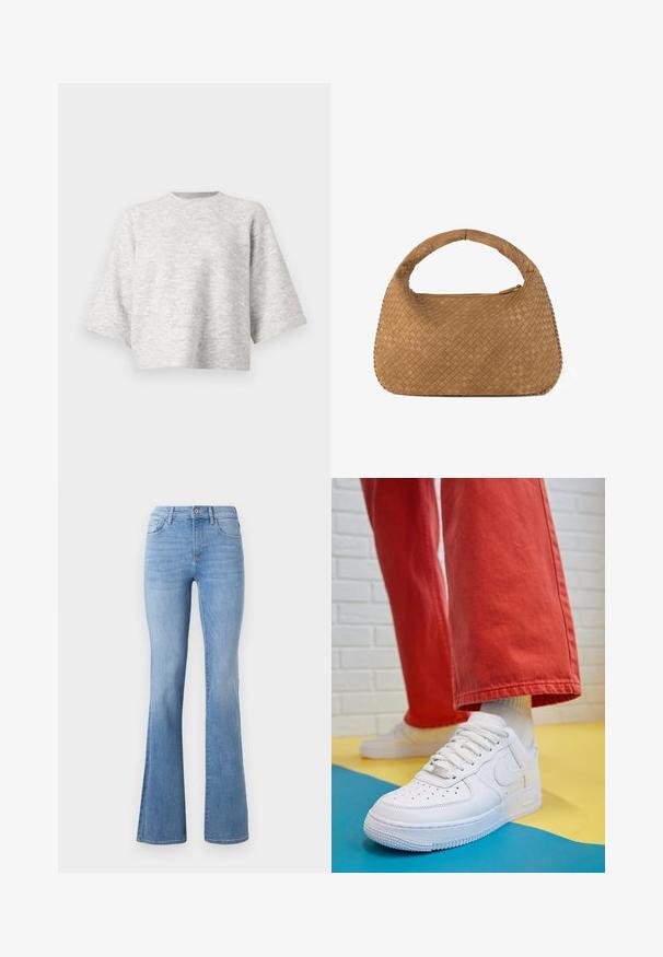 Harmaa neulepusero, jossa on rento, laatikkomainen muoto ja leveät hihansuut. Varustettu pyöreällä kaula-aukolla ja pehmeällä pinnalla. Ei näkyviä kuvioita tai yksityiskohtia.; Vaaleansiniset levenevät farkut, joissa on keskikorkea vyötärö, klassinen viiden taskun muotoilu ja hillitty haalistuma sähkönsä mukana pitkin lahkeita. Farkkukankaan rakenne.; Valkoinen nahkakengät, joissa on rei'itetty varvasosa, teksturoitu pohja ja valkoiset nauhat, yhdistettynä leveisiin punaisiin housuihin ja sinikeltaiseen taustaan.; Kangaskuvioinen vaalea käsilaukku, jossa on pyöreä kahva, valmistettu pehmeästä nahasta. Varustettu vetoketjulla ja monimutkaisella koriruudukkokuvioinnilla.