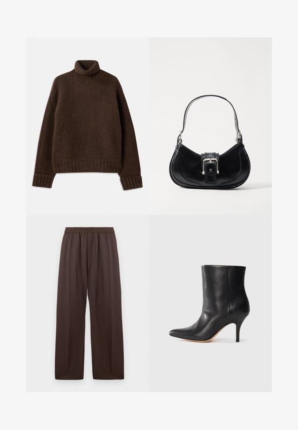 Rjav pulover s polo ovratnikom in teksturiranim pletenjem. Ima rebraste manšete in rob, ter nekoliko ohlapen kroj. Mehka in prijetna tkanina.; Rjave široke hlače z elastičnim pasom in diskretnimi sprednjimi gubami, razstavljene na belem ozadju.; Črne usnjene gležnjarje s koničastim nosom, ozkim stiletto peto in gladko teksturo. Minimalističen dizajn brez vidnih kovinskih delov ali dekoracij.; Črna usnjena torbica s ukrivljenim dizajnom, ki vsebuje osrednjo spono in kratko, gladko ročico. Teksturni detajli obogatijo njen videz.