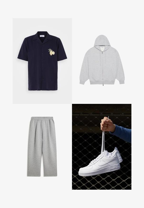 YOURTURN OVERSIZE BASIC ZIP HOODIE UNISEX - Zip-up sweatshirt - mottled-grey; Navy short-sleeve shirt with textured pattern and vertical stripes. Features an embroidered lemon and lime design on the left chest.; Light gray sweatpants with elastic waistband and side pockets, straight leg cut, made of soft fabric.; White leather sneakers with perforations, round toe, flat sole, and thick laces, featuring a visible swoosh logo and "AIR" on the heel.