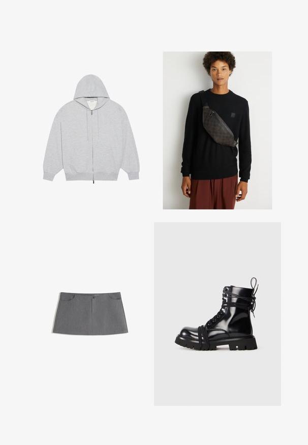 YOURTURN UNISEX szary melanż; Szara spódnica o prostym kroju, z dwiema przednimi kieszeniami, z zapinaniem na guziki z przodu oraz delikatnym wzorem tekstury.; Czarny lakierowany botek z grubą podeszwą, okrągłym noskiem i detalami sznurowania. Ma owinięte sznurówki oraz pętelkę na pięcie.; Brązowa torba na ramię z wzorem, wykonana z teksturowanego materiału, z czarnym paskiem i zamykaną na zamek komorą. Nosi ją osoba w czarnym swetrze.