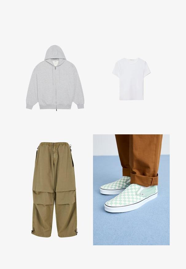 YOURTURN OVERSIZE BASIC ZIP HOODIE UNISEX - Vetoketjullinen college - mottled-grey; Valkoinen lyhythihainen t-paita, joka on valmistettu pehmeästä kankaasta. Sillä on pyöreä pääntie ja yksinkertainen, siisti muotoilu suoralla helman lopulla.; Vaalankeltaiset cargo-housut, joissa on joustava vyötärö, suuret etutaskut ja säädettävät lahkeet. Valmistettu kevyestä kankaasta, jonka pinta on sileä.; Jalkoja ruskeissa taittuvari housuissa, joissa on vaaleanvihreät ja valkoiset ruudulliset slip-on Vans -tennarit vaaleansinisellä matolla.