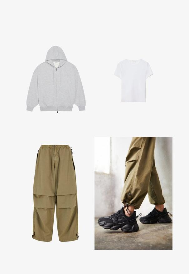 YOURTURN OVERSIZE BASIC ZIP HOODIE UNISEX - Zip-up sweatshirt - mottled-grey; White short-sleeve t-shirt made of soft fabric. Features a round neckline and a simple, clean design with a straight hemline.; Tan cargo pants with an elastic waist, large front pockets, and adjustable cuffs. Made of lightweight fabric with a smooth texture.; Person wearing black chunky sneakers and olive green cargo pants standing on a concrete floor near a white wall.