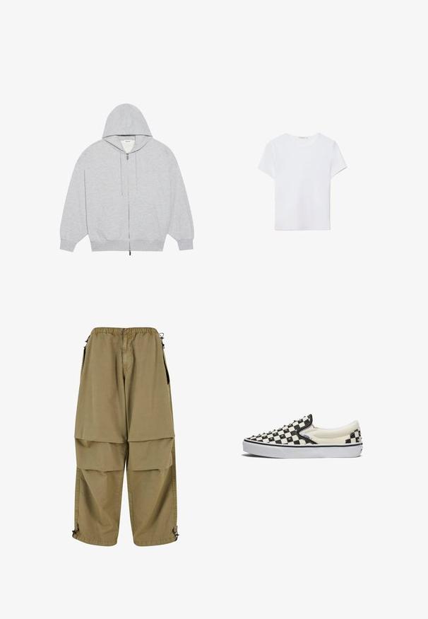 YOURTURN OVERSIZE BASIC ZIP HOODIE UNISEX - Vetoketjullinen college - mottled-grey; Valkoinen lyhythihainen t-paita, joka on valmistettu pehmeästä kankaasta. Sillä on pyöreä pääntie ja yksinkertainen, siisti muotoilu suoralla helman lopulla.; Vaalankeltaiset cargo-housut, joissa on joustava vyötärö, suuret etutaskut ja säädettävät lahkeet. Valmistettu kevyestä kankaasta, jonka pinta on sileä.; Vans CLASSIC - Loaferit/pistokkaat - black