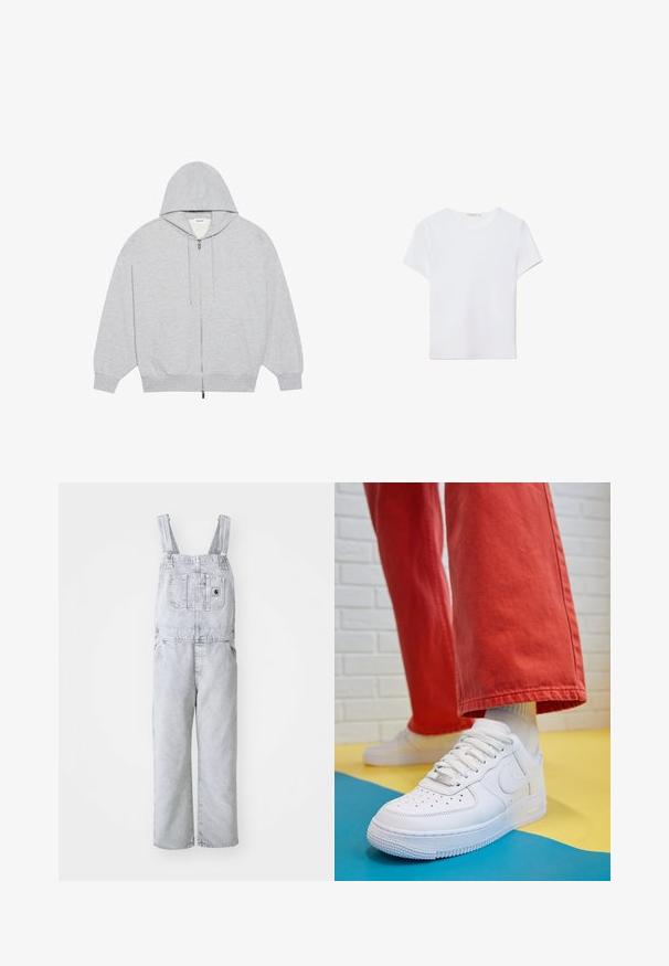 YOURTURN UNISEX szary melanż; Biała koszulka z krótkim rękawem wykonana z miękkiego materiału. Posiada okrągły dekolt oraz prosty, minimalistyczny design z prostym dołem.; Szare dżinsowe ogrodniczki z regulowanymi ramiączkami, kieszenią z przodu i kieszeniami bocznymi; luźny, prosty krój nogawki; wyblakłe wykończenie z minimalną teksturą.; Białe skórzane sneakersy z perforowanym czubkiem, teksturowaną podeszwą i białymi sznurowadłami, w połączeniu z szerokimi czerwonymi spodniami na niebiesko-żółtym tle.