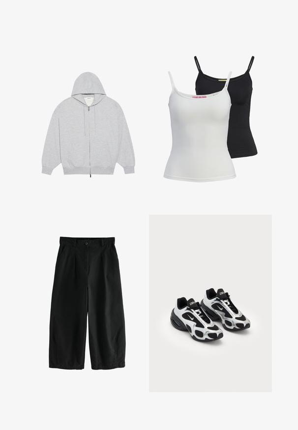 YOURTURN OVERSIZE BASIC ZIP HOODIE UNISEX - Jaka ar rāvējslēdzēju - mottled-grey; Divi pamata tanki melnā un baltā krāsā, izgatavoti no gluda, stiepjama auduma. Iekļauj plānas siksnas un vienkāršu, pieguļošu dizainu.; Melni platleņķa bikses, izgatavotas no kokvilnas, ar pogu aizdari, priekšējām krokām un sānu kabatām; gluda tekstūra un brīvs piegriezums.; Melnas un sudraba krāsas sporta kurpes ar sietiņu un sintētisku virsu, izceļoties ar izteiktu viļņotu dizainu un mīkstinātu apkaklīti, kā arī gaisa amortizāciju zole.