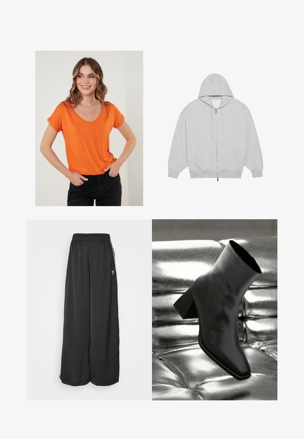 YOURTURN OVERSIZE BASIC ZIP HOODIE UNISEX - Zip-up sweatshirt - mottled-grey; Orange V-neck T-shirt in soft fabric with rolled short sleeves, paired with black pants. Simple design, no patterns or notable accents.; Black loose-fitting track pants made of smooth fabric. Features an elastic waistband and side stripes with logo accents.; Black ankle boot made of glossy material with a square toe and tapered heel, set against a shiny silver tufted background.