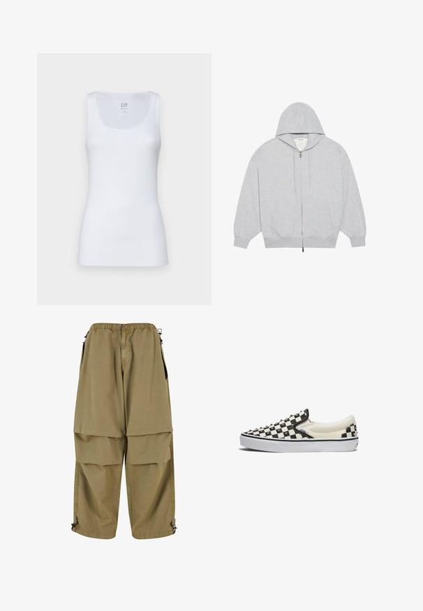 YOURTURN OVERSIZE BASIC ZIP HOODIE UNISEX - Sweatjakke - mottled-grey; GAP TANK - Top - fresh white; Beige cargo bukser med elastisk talje, store forlommer og justerbare manchetter. Lavet af letvægtsmateriale med en glat tekstur.; Vans CLASSIC - Loafers - black