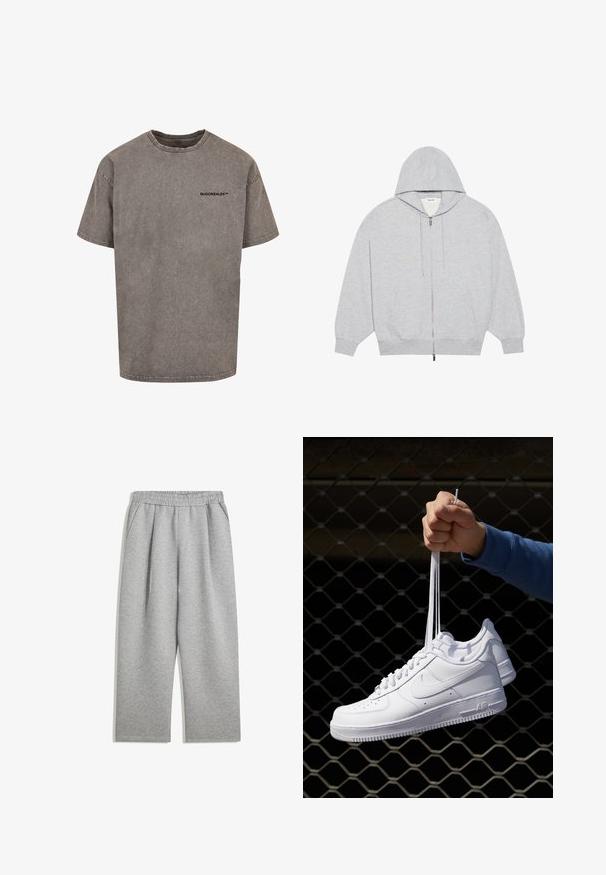 YOURTURN OVERSIZE BASIC ZIP HOODIE UNISEX - Sweatjacke - mottled-grey; Graues, übergroßes T-Shirt aus Baumwolle mit einem abgenutzten Finish. Verfügt über einen runden Halsausschnitt und ein kleines schwarzes Logo auf der Brust.; Hellgraue Sweatpants mit elastischem Bund und Seitentaschen, gerade Beinform, aus weichem Material.; Weiße Leder-Sneaker mit Perforationen, runder Zehenpartie, flacher Sohle und dicken Schnürsenkeln, mit sichtbar eingesticktem Swoosh-Logo und "AIR" an der Ferse.