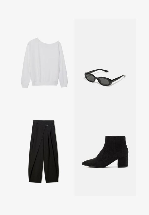 Felpa bianca a maniche lunghe con scollatura ampia e fuori spalla, polsini a costine e orlo arricciato, realizzata in tessuto morbido.; Pantaloni neri a gamba larga realizzati in tessuto morbido, con pieghe frontali, chiusura con bottone e un design sartoriale per una silhouette ben definita.; Stivali alla caviglia in suede nero con punta a punta e tacco a blocco. Il design è elegante con pannelli laterali senza cuciture, creando un aspetto minimalista.; Occhiali da sole neri con lenti ovali, montatura in plastica lucida e stecche sottili. Presentano il logo Ray-Ban in bianco sul lato.; Borsa a tracolla in pelle intrecciata nera con forma curvata, dotata di una maniglia spessa e chiusura con zip. Superficie testurizzata con finitura lucida.