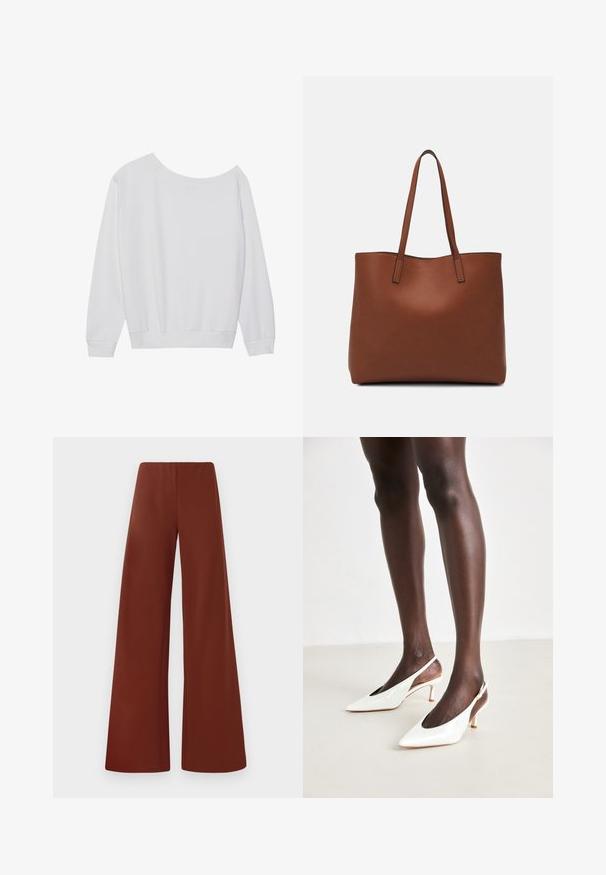 Fehér, hosszú ujjú pulóver, laza, vállon kívüli nyakkivágással, bordázott mandzsettákkal és ráncolt alsó résszel, puha anyagból készült.; Bő szabású nadrág sima anyagból, gazdag, sötétbarna színben. Magas derékkal és letisztult vonalakkal rendelkezik, látható záródások nélkül.; Fehér lakkbőr, hátul nyitott, hegyes orrú magassarkú cipők, vékony sarokkal és nyitott oldalakkal; sima textúra és minimalista dizájn.; Barna bőr vászontáska sima textúrával, nyitott tetejű dizájnnal és két vállpánttal. Minimális varrással és látható hardver nélkül készült.