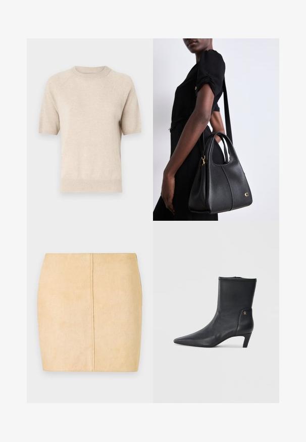 Šviesiai rudos spalvos trumpas rankovėmis megztinis su apvalia iškirpte, pagamintas iš minkštos, tekstūruotos medžiagos. Yra raukšlėti rankogaliai ir apdaila, taip pat laisvas kirpimas.; Biskvito suedinė mini sijonas, turintis glotnų paviršių, prigludusią formą ir centrinę siūlės detalę. Nėra matomų detalių ar papuošimų.; Juodi odiniai aulinukai iki kulkšnies su smailiu nosa ir mažu kulnu. Yra lygi tekstūra ir mažas auksinis logotipas šone.; Juodas odinis rankinukas hobo formos, turintis lygią tekstūrą, apvalią viršūnę ir auksinius detalių akcentus.