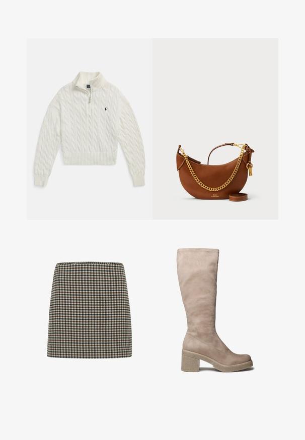 Balts pusgaras rāvējslēdzēja džemperis ar pinuma rakstu, rāvējslēdzēja apkakli, aprocēm un apakšu ar ribotu apdari, kreisajā krūtīs neliela tumša izšūta logo.; Pārbaudīta mini svārku dekoltē melnā, brūnā un krēmkrāsā. Strukturēta forma ar augstu jostu. Mīksta auduma tekstūra ar vienmērīgu režģa rakstu.; Gurvju augstuma beigi zamšādas zābaks ar masīvu teksturētu papēdi un platformas zoli, ar gludu apdari un vienkāršu dizainu.; Brūns ādas rokassomu ar izliekta dizaina, zelta ķēdes siksnu, iekšējo kabatu un noņemamu plecu siksnu. Ievērojama kontrastējoša šuvuma detaļa.