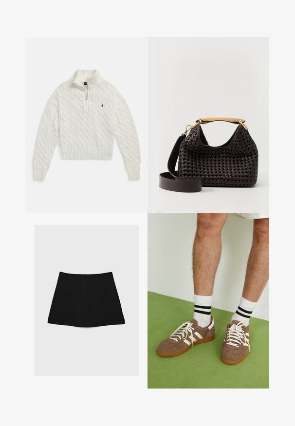 Maglione bianco a mezzipper in maglia a trecce con collo, polsini e orlo a coste, caratterizzato da un piccolo logo scuro ricamato sul petto a sinistra.; Mini gonna nera con una texture liscia, forma a trapezio e orlo curvato. Presenta una zip sul retro per la chiusura, senza ulteriori motivi o accenti.; Sneaker in suede marrone con dettagli e lacci bianchi. Suola in gomma color gomma. Indossati con calzini bianchi con righe nere. Pavimento verde texturizzato.; Elleme BOOMERANG WOVEN - Borsa a mano - brown