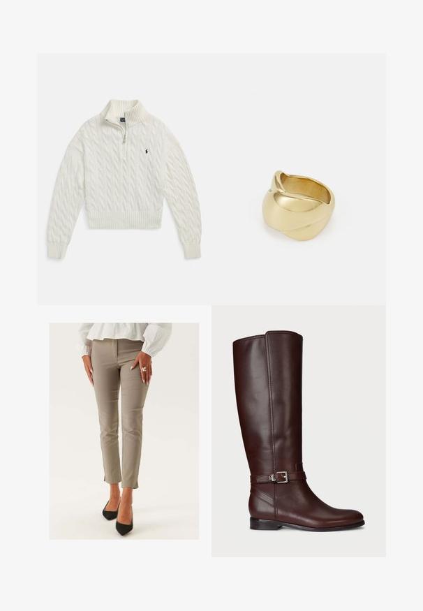 Vit kabelstickad halvvadsjacka med ribbad krage, muddar och fåll, med en liten broderad mörk logotyp på vänster bröst.; Beiga slim-fit-byxor med en slät yta, med låg midja och kortad, slitsad fåll. Kombination med spetsiga svarta klackar.; Bruna läderknähöga stövlar med en jämn yta, silverfärgad spänneaccent och en låg staplad klack. Har subtila sömdetaljer.; Guldfärgad ring med en slät, vriden design. Har en polerad yta och rundade kanter, vilket skapar en sömlös, flytande form.