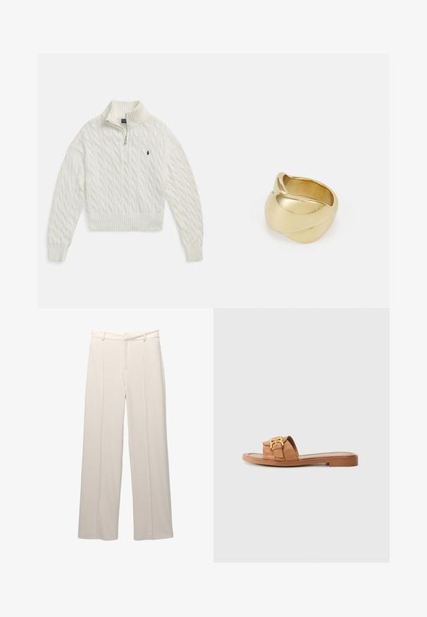 Witte kabelgebreide halve rits trui met geribde kraag, manchetten en zoom, voorzien van een klein geborduurd donker logo op de linkerborst.; Wijde broek in lichtbeige stof met een gladde textuur. Heeft een nauwsluitende tailleband, voorplooien en geen zichtbare zakken.; Bruine leren slidersandalen met brede band, gouden hardwareaccent, platte zool en minimalistisch ontwerp. Geschikt voor casual gebruik.; Gouden ring met een glad, gedraaid ontwerp. Heeft een gepolijste oppervlakte en rondingen, wat een naadloze, vloeiende vorm creëert.