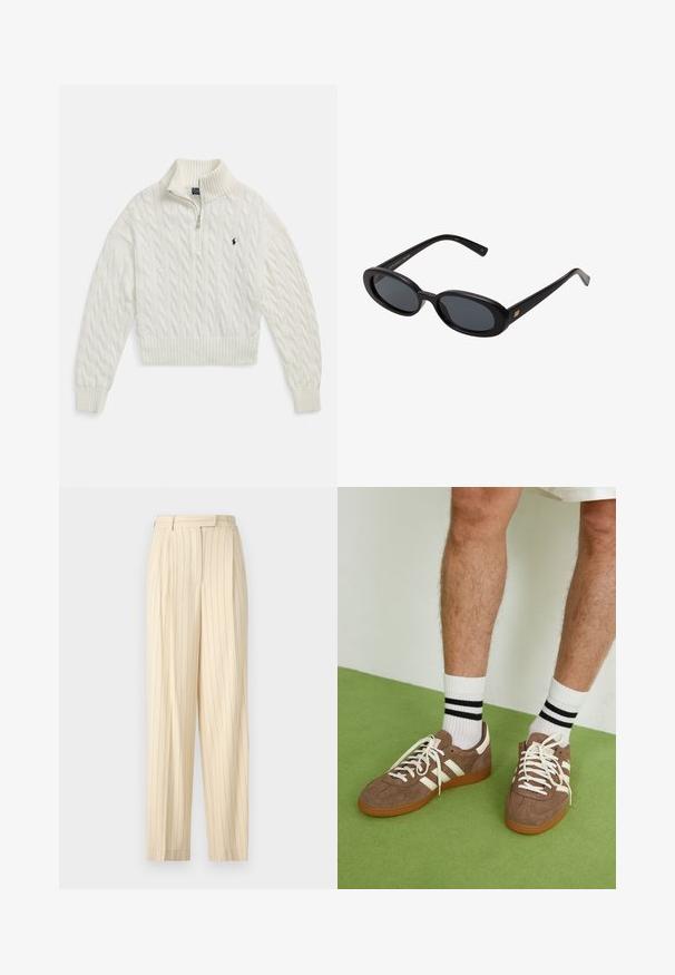Weißer Strickpullover mit halbem Reißverschluss, geripptem Kragen, Bündchen und Saum, mit einem kleinen, gestickten dunklen Logo auf der linken Brust.; Beige Nadelstreifenhose mit hoher Taille, ausgestattet mit Falten und geradem Bein. Hergestellt aus einem glatten Stoff mit maßgeschneidertem Finish.; Braune Wildleder-Sneaker mit weißen Akzenten und Schnürsenkeln. Gummisohle in Kautschuk-Optik. Getragen mit weißen Socken, die schwarze Streifen haben. Grüner strukturierter Fußboden.; Schwarze, oversized Sonnenbrillen mit ovalen Gläsern, glattem Kunststoffrahmen und goldenen Akzenten an den Bügeln. Die dunklen Gläser bieten Sonnenschutz.