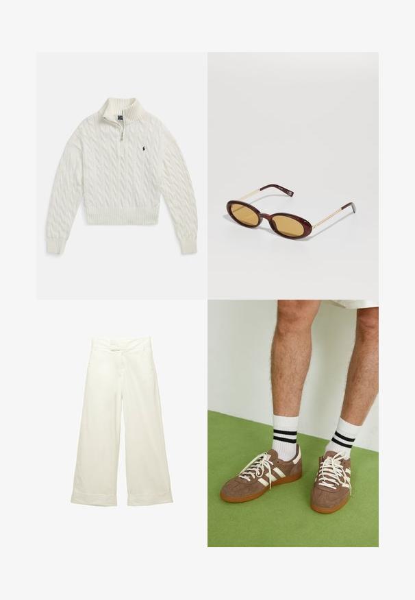 Hvid kabelstrikket halvlange lynlås-sweater med ribbet krave, manchetter og kant, med en lille broderet mørk logo på venstre bryst.; Bredde bukser i blødt, cremefarvet stof. Har en flad talje og op-rullede manchetter. Glat tekstur med et rent, minimalistisk design.; Brune ruskind sneakers med hvide detaljer og snørebånd. Gummisål i naturgummi. Båret med hvide sokker med sorte striber. Grøn struktureret gulv.; Ovale briller med mørkerød skildpaddemønster, gule linser og tynde metalstel i guldfarve.; Elleme BOOMERANG WOVEN - Håndtasker - brown