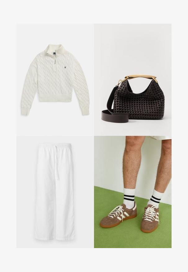 White cable-knit half-zip sweater with ribbed collar, cuffs, and hem, featuring a small embroidered dark logo on the left chest.; White, textured wide-leg pants with an elastic waistband and adjustable drawstring. Simple, minimalist design without embellishments.; Brown suede sneakers with white accents and laces. Rubber gum sole. Worn with white socks featuring black stripes. Green textured flooring.; Elleme BOOMERANG WOVEN - Handbag - brown