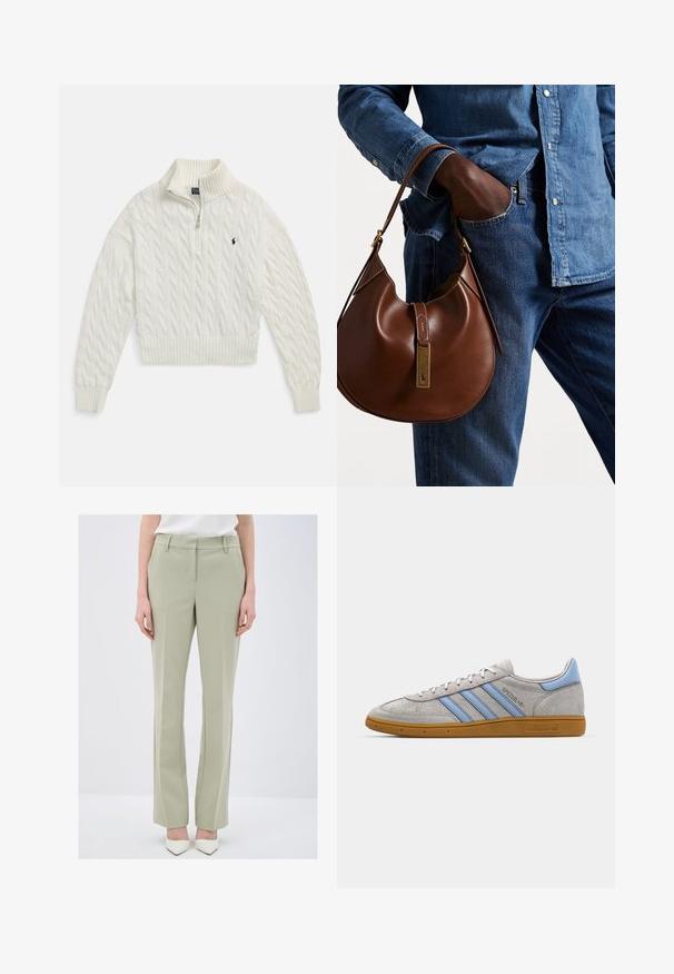 Valkoinen palmikkoneulepuolivetoketjuneule, jossa resorikaulus, hihansuut ja helma sekä pieni tummanvärinen kirjailtu logo vasemmalla rinnassa.; Vaaleanvihreät, mukautetut housut sileällä pinnalla, suorat lahkeet ja kaksi etutaskua. Yhdistetty valkoisiin, teräväkärkisiin korkokenkiin.; Harmaa nubuk-nilkkkenkä, jossa on vaaleansinisiä raitoja, kuminen pohja ja logo-koristelu. Matalaprofiilinen muotoilu, pyöreä kärki ja nauhakiinnitys.; Ruskea nahkainen hobo laukku pyöreällä muotoilulla, jossa on kultaiset yksityiskohdat ja kontrastiväriommeltu. Yhdistetty farkkupaitaan ja farkkuihin.