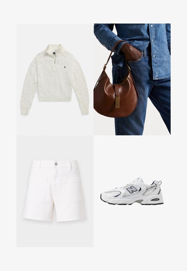 Fehér kötött, félcipzáros pulóver bordázott gallérral, mandzsettával és szegéllyel, bal oldalon kis sötét hímzett logóval.; Fehér farmer rövidnadrág egyenes szabással, két hátsó zsebből és fémből készült gombos záródással. Simább textúra és klasszikus dizájn.; Fehér sportcipő hálós felsőrészével, sötétkék kiegészítőkkel és párnázott talppal. Jellemzője az "N" logó, a fűzők és a textúrázott részlet az oldalon.; Barna bőr hobo táska kerek formával, arany színű kiegészítővel és kontrasztos varrással. Farmeringgel és farmernadrággal párosítva.