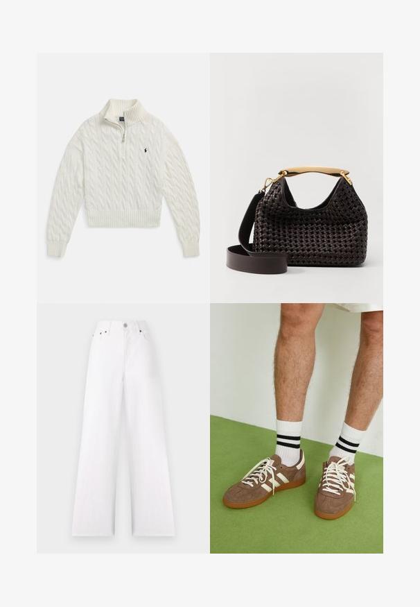 Biały sweter z półzamkiem w stylu warkocza, z prążkowanym kołnierzem, mankietami i dołem, z małym, ciemnym haftowanym logo na lewej piersi.; Białe dżinsy z szerokimi nogawkami i wysokim stanem, pięcioma kieszeniami, srebrnym guzikiem i zamkiem błyskawicznym. Wykonane z denimu o teksturowanym wykończeniu.; Brązowe zamszowe sneakersy z białymi akcentami i sznurówkami. Gumowa, brązowa podeszwa. Noszone z białymi skarpetkami w czarne paski. Zielona teksturowana podłoga.; Elleme - Torebka
