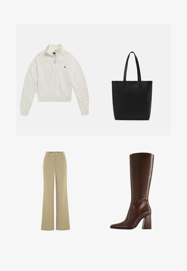 Vit kabelstickad halvvadsjacka med ribbad krage, muddar och fåll, med en liten broderad mörk logotyp på vänster bröst.; adL ANTONIA - Tygbyxor - light olive; Brun knähög läderstövel med spetsig tå och grov medelhög klack, visad i sidoprofil mot vit bakgrund.; Svart tote väska i texturerat material, med två långa handtag och en enkel, minimalistisk design utan synlig hårdvara.
