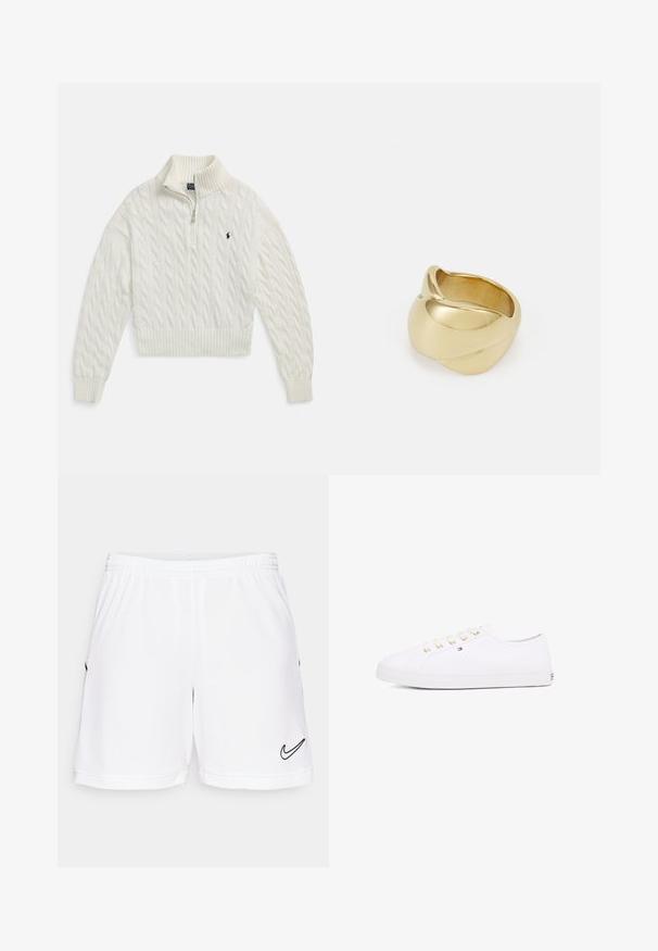 Weißer Strickpullover mit halbem Reißverschluss, geripptem Kragen, Bündchen und Saum, mit einem kleinen, gestickten dunklen Logo auf der linken Brust.; Weiße Sportshorts mit elastischem Bund, ausgestattet mit einem schwarzen Nike-Swoosh-Logo auf der unteren linken Seite und dezenten strukturierten Details.; Weißes Leinensneaker mit goldenen Ösen, flachen Schnürsenkeln, strukturiertem Gummisohle und minimalem Branding an der Seite. Niedriges Profil.; Goldfarbener Ring mit einem glatten, gedrehten Design. Er verfügt über eine polierte Oberfläche und abgerundete Kanten, die eine nahtlose, fließende Form erzeugen.