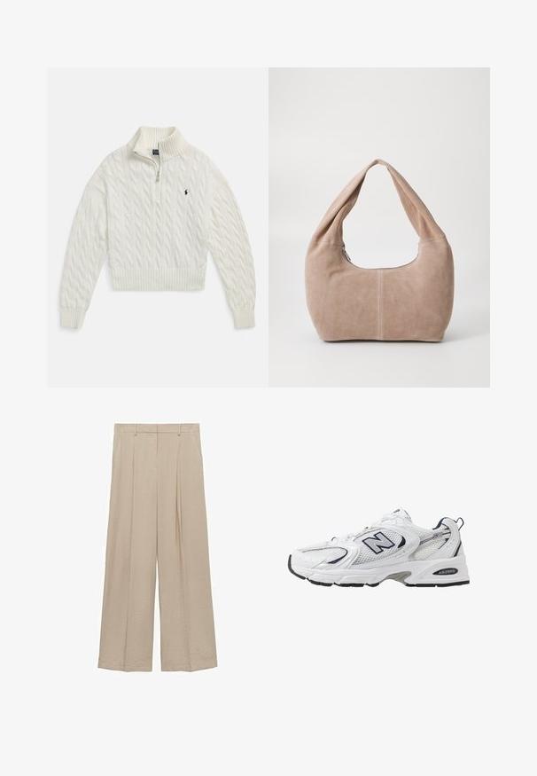 Valkoinen palmikkoneulepuolivetoketjuneule, jossa resorikaulus, hihansuut ja helma sekä pieni tummanvärinen kirjailtu logo vasemmalla rinnassa.; Vaaleat leveälahkeiset housut kevyestä kankaasta, jossa on sileä pinta, etuosan laskokset ja korkea vyötärö, jossa on vyölenkit.; Valkoinen urheilushoe, jossa on verkkomateriaali päällä, laivastonsiniset yksityiskohdat ja pehmeä pohja. Varustettu "N"-logolla, nauhoilla ja teksturoidulla yksityiskohdalla sivussa.; Matkakassi, joka on valmistettu pehmeästä, mokkanahasta vaaleanbeigessä värissä. Ominaisuuksiin kuuluu pyöreä muoto, leveä hihna ja vetoketjukiinnitys.