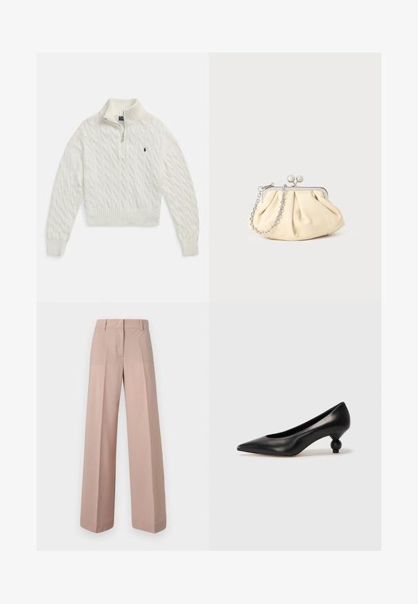 Valge soonikkoes poollukuga kampsun soonikkoes krae, mansettide ja äärega, vasakul rinnal väike tikitud tume logo.; Laiad püksid pehmes roosas kangas, millel on lame esiots, vöökoht koos vööaasadega ja sile tekstuur.; Must musta kõrge kontsaga king, millel on terav nina ja ümar, pallikujuline konts. Sile pind ja elegantne, minimalistlik disain.; Kortsus beežist nahast kotike, millel on hõbedane metallraam, kaunistatud kahe ümmarguse dekoratiivse lukuga ja hõbedase ketispideme.