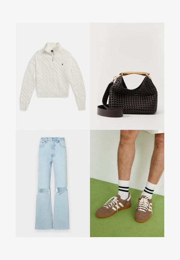 Valge soonikkoes poollukuga kampsun soonikkoes krae, mansettide ja äärega, vasakul rinnal väike tikitud tume logo.; Heledad sinine denimist laiemad teksad, millel on reiele lisatud kulumisjäljed, kõrge talje ja toores äär. Tugevdatud õmblused ja klassikaline viie taskuga stiil.; Prune nahkkingad valgete aktsentide ja paeltega. Kummikummist tallad. Kandu valgeid sokke mustade triipudega. Roheline tekstuuriga põrand.; Elleme BOOMERANG WOVEN - Käekott - brown