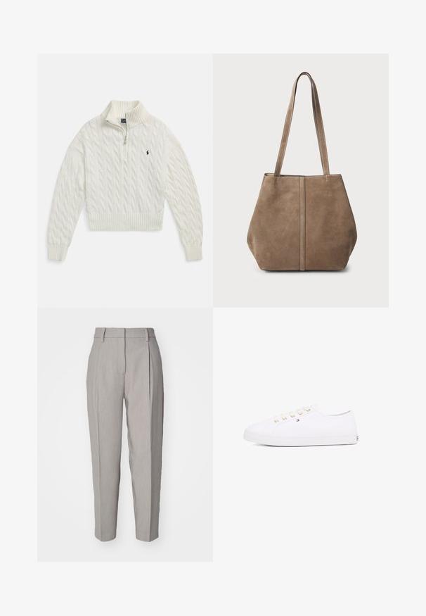 Valkoinen palmikkoneulepuolivetoketjuneule, jossa resorikaulus, hihansuut ja helma sekä pieni tummanvärinen kirjailtu logo vasemmalla rinnassa.; Vaaleanharmaat istuvat housut, joissa on sileä pinta, pleidit edessä ja suora lahje. Varustettu vyölenkeillä ja kiiltävällä viimeistelyllä.; Valkoinen kanvaakenkä, jossa on kultaiset nauhakkeet, litteät nauhat, teksturoitu kumipohja ja minimoitu brändäys sivussa. Matala profiilinen muotoilu.; Ruskea samettinen kantokassi, jossa on kaksi pitkää kahvaa, pystysaumayksityiskohta edessä ja pehmeä tekstuuri. Tilava muotoilu, joka soveltuu päivittäiseen käyttöön.