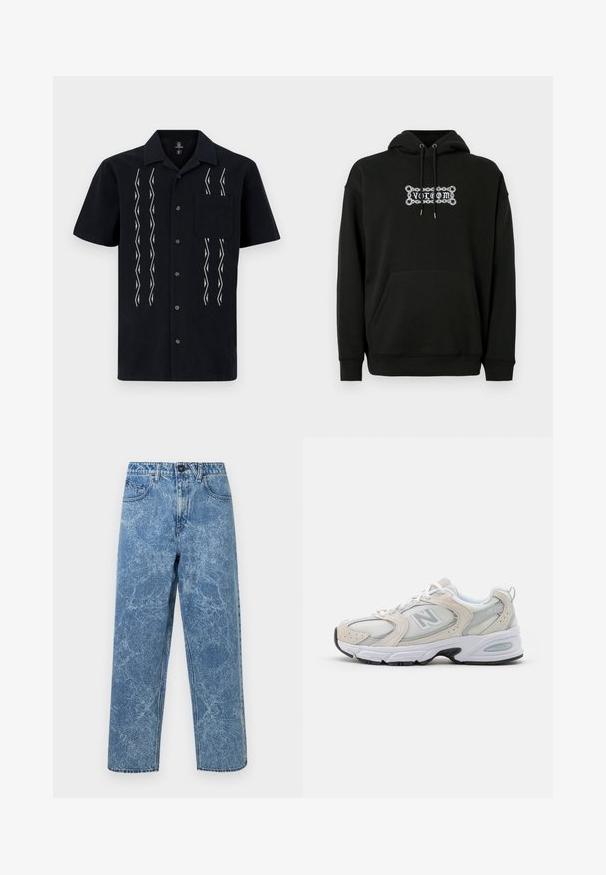 Felpa nera con cappuccio e tasca frontale, cappuccio regolabile con coulisse e design grafico testuale bianco. Realizzata in tessuto morbido e testurizzato.; Camicia nera a maniche corte realizzata in tessuto con motivi zigzag bianchi, cinque bottoni lungo la parte anteriore e una tasca sul petto.; Jeans in denim blu acid washed con taglio dritto, chiusura frontale con bottone, passanti per cintura e cinque tasche.; Scarpa sportiva con tomaia in mesh grigio chiaro e accenti in suede, lacci bianchi e suola in gomma nera. Dettaglio di ammortizzazione ABZORB notevole.