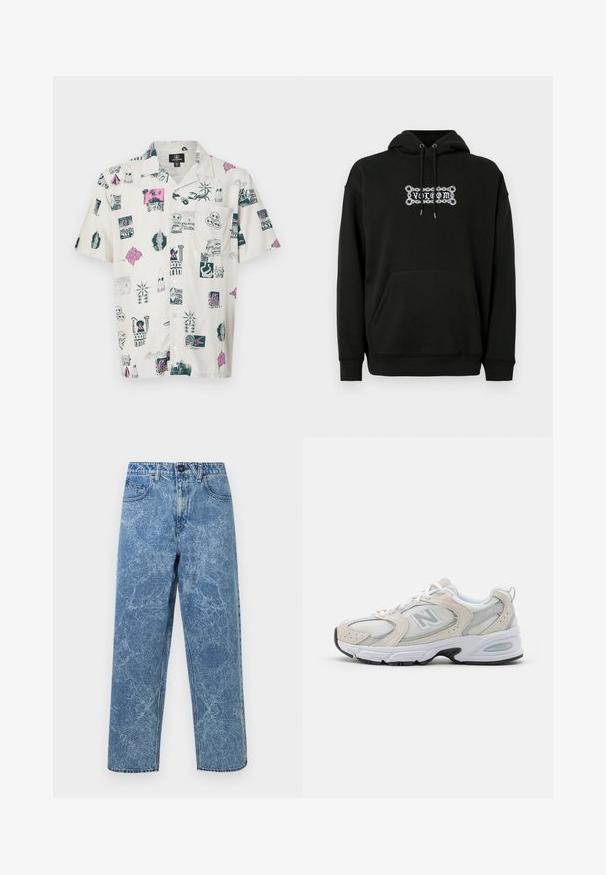 Zwarte hoodie met een voorzak, verstelbare trekkoordkap en witte grafische tekstontwerp. Gemaakt van zachte, gestructureerde stof.; Korte mouwen shirt in licht beige met multikleurige grafische prints van verschillende iconen, patronen en ontwerpen; ontspannen pasvorm en knoopsluiting bij de kraag.; Blauwe acid-wash denim jeans met een recht model, voorzijde met knoop, riemlussen en vijf-pocket styling.; Atletiekschoen met een lichtgrijs mesh bovenwerk en suede accenten, witte veters en een zwarte rubberen zool. Opvallend ABZORB dempingdetail.