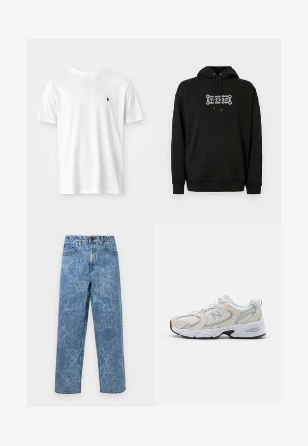 Hoodie noir avec une poche avant, capuche ajustable à cordon, et design graphique en texte blanc. Fabriqué en tissu doux et texturé.; T-shirt en coton blanc avec un col rond classique, des manches courtes et un petit logo noir sur la poitrine gauche. Texture lisse, coupe décontractée.; Jeans en denim bleu délavé avec une coupe droite, fermeture à bouton à l'avant, passants de ceinture et style à cinq poches.; Chaussure de sport avec un dessus en mesh gris clair et des accents en daim, des lacets blancs et une semelle en caoutchouc noire. Détail d'amorti ABZORB remarquable.