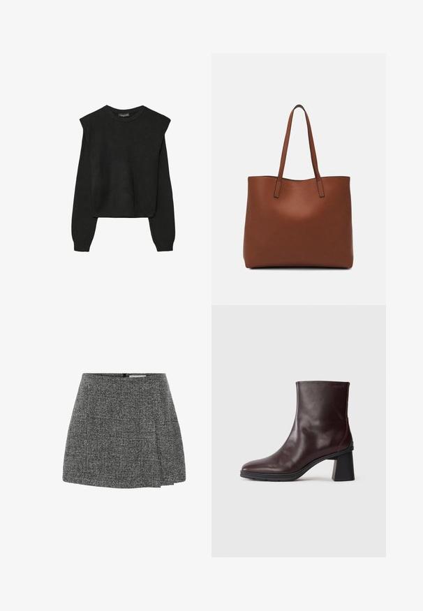 Maglione nero a maniche lunghe in maglia con spalle imbottite e polsini e orlo a coste, mostrato su uno sfondo bianco.; Gonna grigia plissettata realizzata in tessuto testurizzato con un motivo sottile. Presenta una chiusura con cerniera sul retro e un design a vita aderente.; Stivale alla caviglia in pelle marrone scuro con tacco a blocco e punta rotonda, visualizzato su uno sfondo grigio chiaro uniforme.; Borsa tote in pelle marrone con texture liscia, design con apertura superiore e due spallacci. Presenta cuciture minime e nessun hardware visibile.