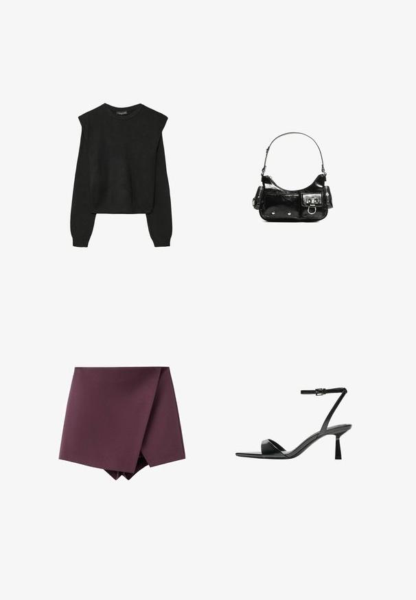 Mustat pitkätuuliseset neulepaidat, joissa on toppaukset harteilla sekä ribbaus hihansuissa ja helmassa, esitetty valkoista taustaa vasten.; Tumman violetti epäsymmetrinen minihame, jossa on kietaisuh design ja sileä kankaan pinta.; Bershka Korolliset sandaalit - black; Mustekko mustasta kiiltonahasta valmistettu käsilaukku, jossa on kaareva muoto, yksi olkahihna, etutaskut ja hopeanväriset yksityiskohdat.
