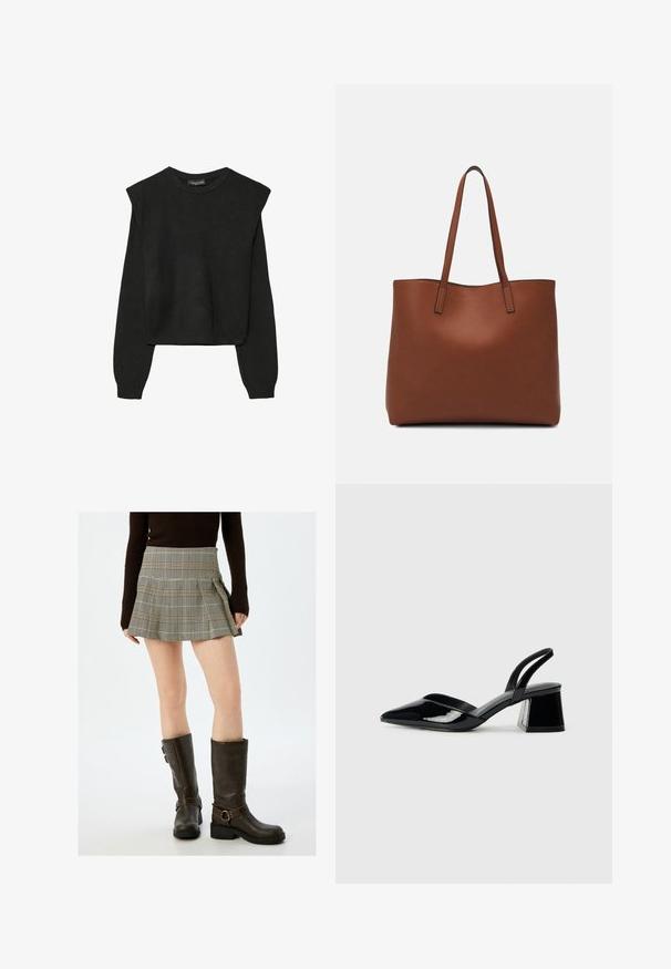 Schwarzer, langärmeliger, gestrickter Pullover mit gepolsterten Schultern sowie gerippten Bündchen und Saum, dargestellt vor einem weißen Hintergrund.; Kariertes Minirock in Beige und Schwarz, mit Falten und tailliertem Schnitt. Kombiniert mit knielangen braunen Lederstiefeln mit Schnallen.; Schwarze Lackleder-Slingback-High Heels mit spitzem Schuh und einem geometrischen Blockabsatz. Verfügt über ein schlankes, minimalistisches Design und eine glatte Textur.; Braune Leder-Tote mit glatter Textur, offenem Oberteil und zwei Schulterriemen. Verfügt über minimale Nähte und keine sichtbaren Beschläge.