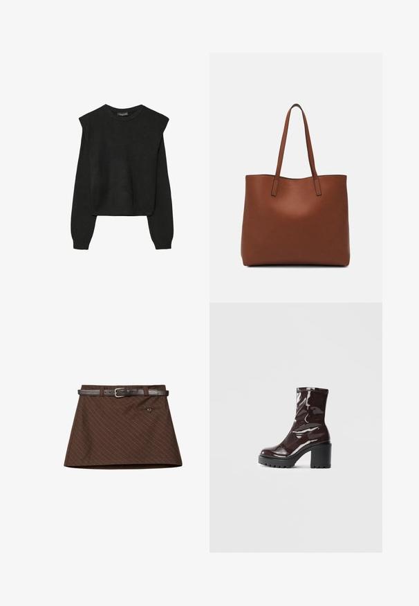 Sort striktrøje med lange ærmer, polstrede skuldre og ribkantede manchetter og kant, vist mod en hvid baggrund.; Brun nederdel med et subtilt stribet mønster, udstyret med et brun læderbælte, en enkelt frontlomme og en struktureret A-formet silhuet.; Glatte burgunder ankelstøvler med en chunky sort hæl, der har en glat tekstur og et simpelt design. Ingen synlige lukninger eller mønstre.; Brun læder tote taske med en glat overflade, åben topdesign og to skulderremme. Har minimal syning og ingen synlig hardware.