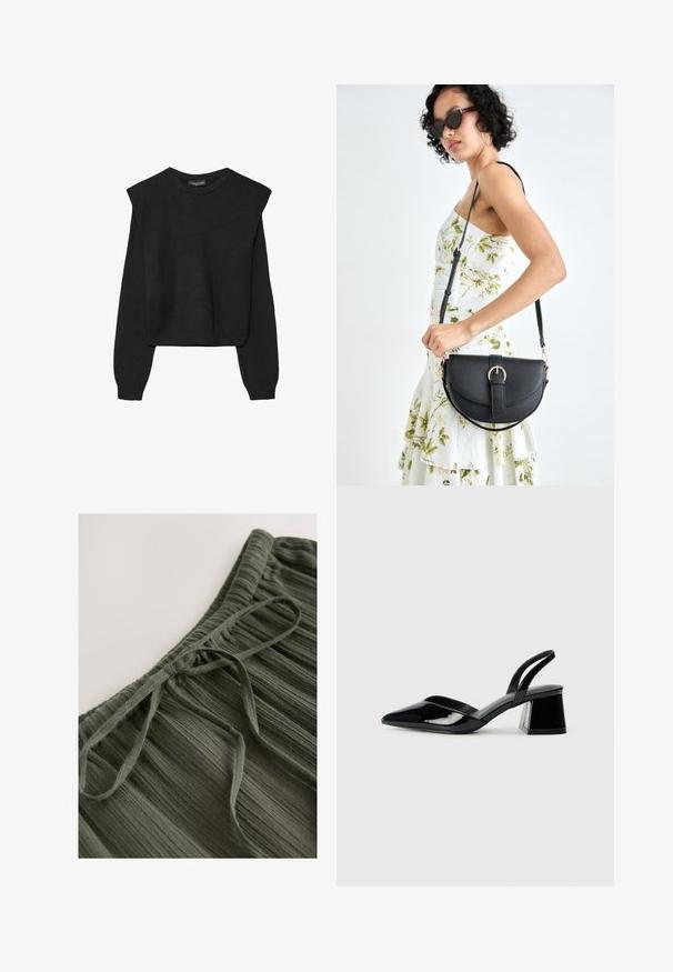 Sort striktrøje med lange ærmer, polstrede skuldre og ribkantede manchetter og kant, vist mod en hvid baggrund.; Olivengrøn plisseret nederdel med tekstureret stof, med elastisk taljebånd og bindelukning foran.; Sorte patentlæder slingback hæle med spids tå og en geometrisk blok hæl. Har et elegant, minimalistisk design og en glat tekstur.; Sort læderhåndtaske med en buet form, aftagelig rem og guldfinish. Tasken har en klap med en spænde detalje.