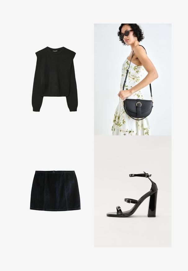 Pull en tricot noir à manches longues avec épaules rembourrées et poignets et ourlet côtelés, présenté sur un fond blanc.; Mini-jupe en denim foncé, avec des coutures contrastantes jaunes, une silhouette ajustée et une fermeture éclair. Design classique à cinq poches.; Sandales à talons hauts en cuir verni noir avec deux brides à boucles, bout carré et talon bloc épais, présentant une texture lisse et brillante.; Sac à main en cuir noir avec une forme courbée, bandoulière amovible et des accessoires en or. Le sac est doté d'un rabat avec un détail de boucle.