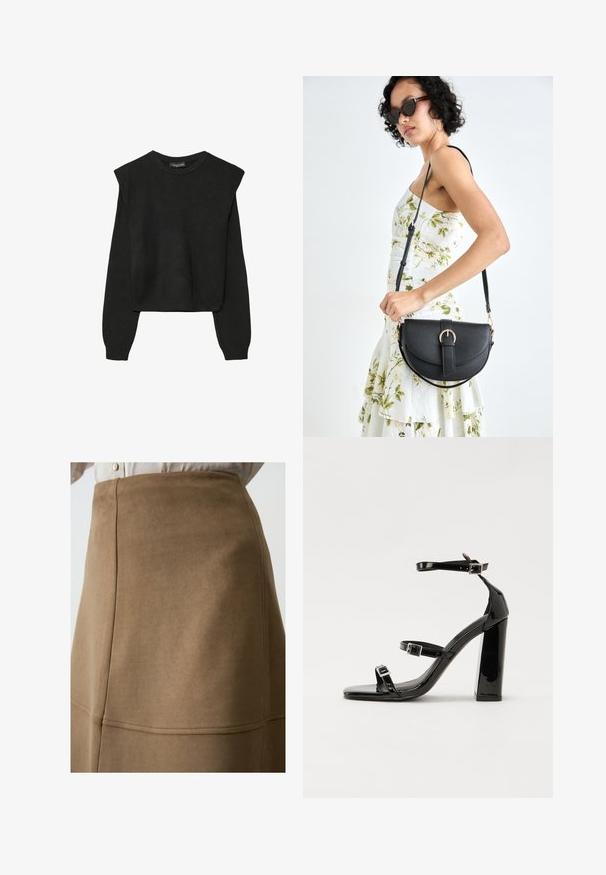 Pull en tricot noir à manches longues avec épaules rembourrées et poignets et ourlet côtelés, présenté sur un fond blanc.; Jupe en suède marron avec une texture lisse et des détails de couture visibles, présentant une taille haute et un design évasé.; Sandales à talons vernies noires avec un bout carré, des sangles autour de la cheville et des boucles en argent. Dotées d'un talon bloc épais pour plus de stabilité.; Sac à main en cuir noir avec une forme courbée, bandoulière amovible et des accessoires en or. Le sac est doté d'un rabat avec un détail de boucle.