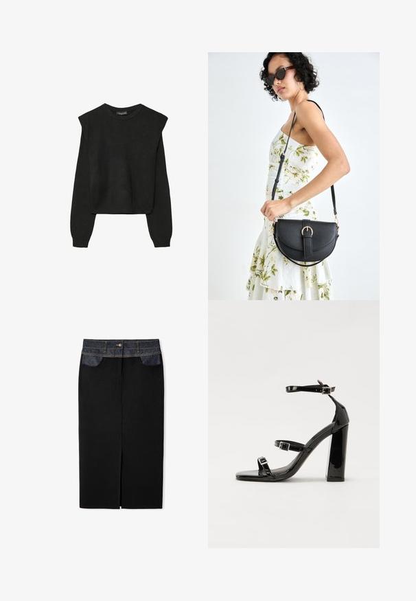 Zwart gebreid trui met lange mouwen, voorzien van gewatteerde schouders en geribbelde manchetten en onderrand, weergegeven tegen een witte achtergrond.; Zwarte denim rok met een donkerblauwe denim tailleband, gouden stiksels en een voorkant met een split. Voorzien van zijzakken voor gemak.; Zwarte patent lederen sandalen met hoge hakken, twee gespenbanden, een vierkante neus en een stevige blokhak, met een gladde, glanzende textuur.; Zwarte leren handtas met een gebogen vorm, afneembare schouderband en gouden hardware. De tas heeft een klep met een gespsluiting.