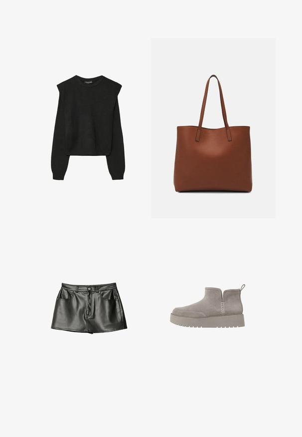 Crna pletena dugoslojna majica sa podloženim ramenima i rebrastim manžetama i rubom, prikazana na bijeloj pozadini.; Crna kožna mini suknja s glatkom teksturom, koja ima dva prednja džepa i metalne gumbe. Kratak kroj i klasičan stil.; Sive zimske čizme od antilopa niskog profila, s elastičnim bočnim panelima i teksturiranom gumenenom potplatom. Imaju traku za lakše oblačenje.; Smeđa kožna torba preko ramena s glatkom teksturom, otvorenim vrhom i dvjema naramenicama. Ima minimalne šavove i nema vidljivog hardvera.