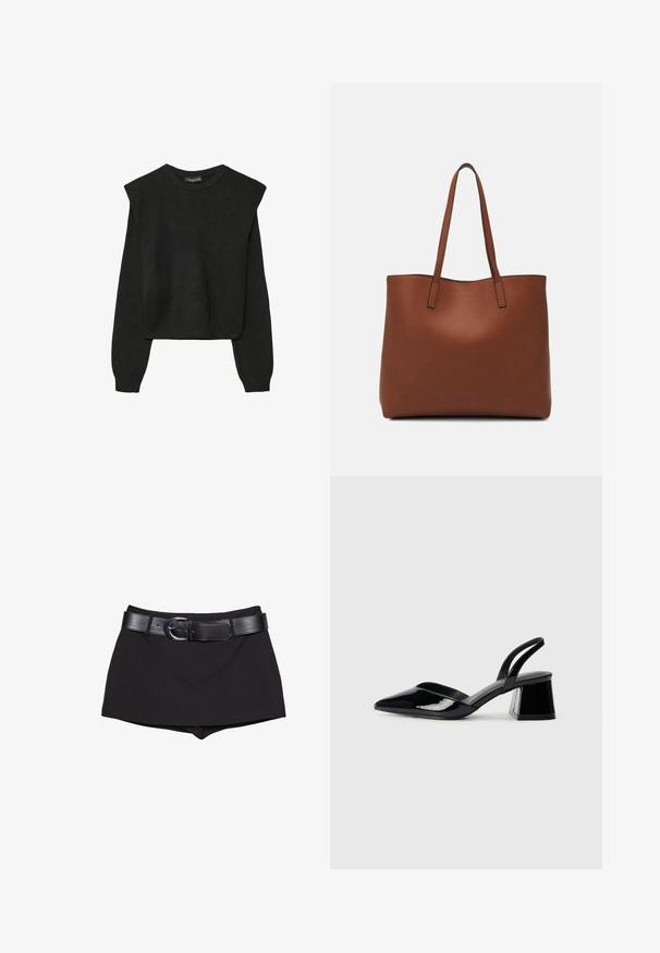 Czarny, długi sweter z dzianiny z poduszkami na ramionach oraz prążkowanymi mankietami i dołem, pokazany na białym tle.; Czarne szorty o gładkiej fakturze, z szerokim czarnym paskiem i srebrną klamrą, skrojone w dopasowanym kroju z lekko podwyższonym stanem.; Czarne lakierowane półbuty na obcasie z wydłużonym noskiem i geometrycznym słupkiem. Charakteryzują się eleganckim, minimalistycznym designem oraz gładką fakturą.; Brązowa skórzana torba tote o gładkiej fakturze, z otwartym wierzchem i dwoma ramiączkami. Charakteryzuje się minimalnym przeszyciem i brakiem widocznych elementów metalowych.