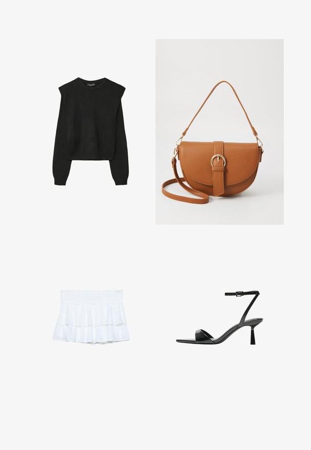 Svart långärmad stickad tröja med vadderade axlar och ribbade muddar och fåll, visad mot en vit bakgrund.; Vita volangshorts med smockad midja, med lager av tyg och subtila texturerade detaljer. Lättvikts- och avslappnad design.; Bershka Sandaletter - black; Brun läder crossbody-väska med en böjd form, gyllene detaljer och en spänneaccent. Har en avtagbar axelrem.