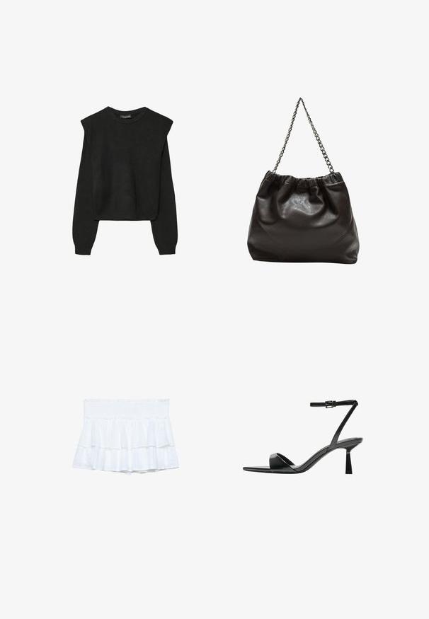 Schwarzer, langärmeliger, gestrickter Pullover mit gepolsterten Schultern sowie gerippten Bündchen und Saum, dargestellt vor einem weißen Hintergrund.; Weiße geraffte Shorts mit einem elastischen Bund, die aus geschichteten Stoffen und subtilen Texturdetaills bestehen. Leicht und lässig im Design.; Bershka High Heel Sandalette - black; Braune Lederhandtasche mit gerafftem Oberteil und Kettenriemen. Glatte Textur mit glänzendem Finish und subtilen Nahtdetails an den Seiten.