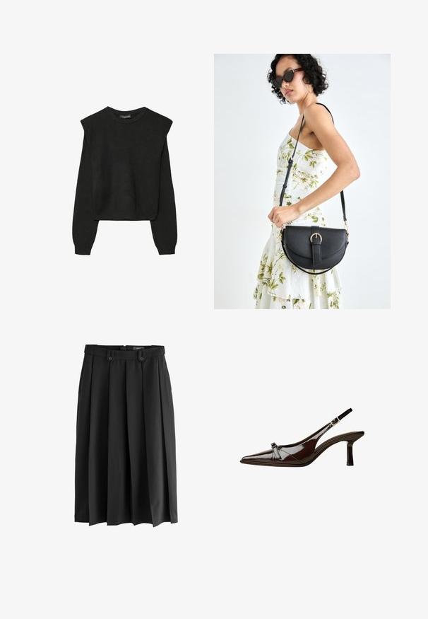 Mustat pitkätuuliseset neulepaidat, joissa on toppaukset harteilla sekä ribbaus hihansuissa ja helmassa, esitetty valkoista taustaa vasten.; Musta pleidiruokas, joka on valmistettu sileästä kankaasta, sisältää korkean vyötärön, kaksi etunappia ja soljuvan siluetin.; Ruske patenttimuoviset slingback-kengät, joissa on terävä kärki, matala korko ja koristeellinen kaarroke etuosassa. Sileä, kiiltävä pinta.; Musta nahkainen käsilaukku, joka on kaareva muotoilultaan, irrotettavalla hihnalla ja kultaisilla yksityiskohdilla. Laukussa on läppä, jossa on solk yksityiskohta.