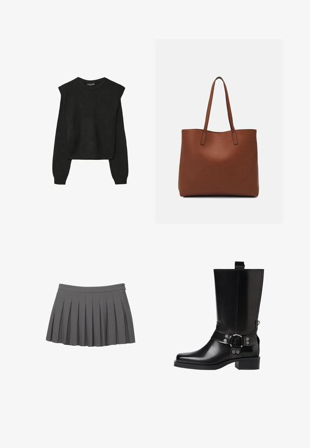 Pull en tricot noir à manches longues avec épaules rembourrées et poignets et ourlet côtelés, présenté sur un fond blanc.; Jupe mini plissée grise avec une taille boutonnée et un petit logo orné sur le côté droit.; Botte noire en cuir, montante jusqu'au genou, avec un bout pointu, des accents en boucle en argent et un talon épais. Présente une languette pour un enfilage facile.; Sac fourre-tout en cuir marron avec une texture lisse, design à ouverture supérieure et deux poignées pour le porter à l'épaule. Présente des coutures minimales et aucun matériel visible.
